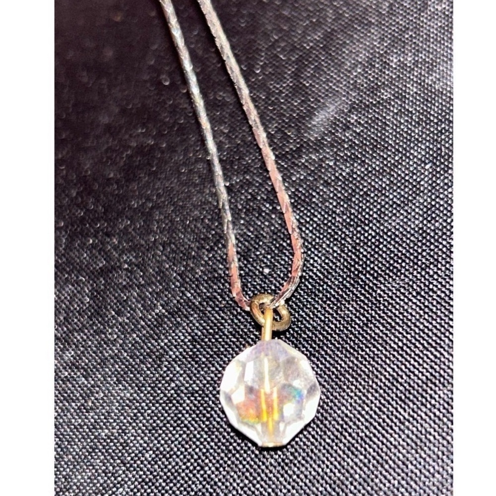 Iridescent Crystal Pendant Necklace Silver Vintage Aurora Borealis AB Pendant - Picture 3 of 7